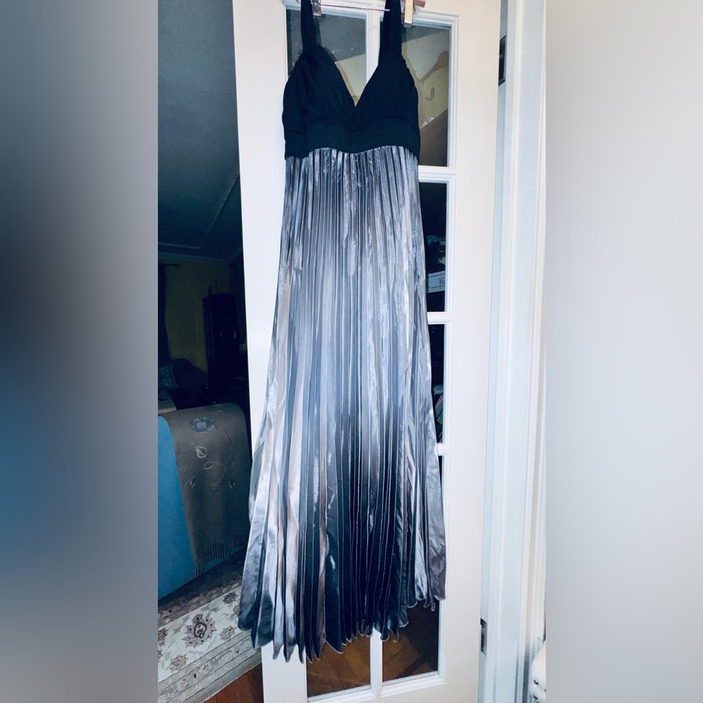 Pleated Metallic Silver Maxi Dress.